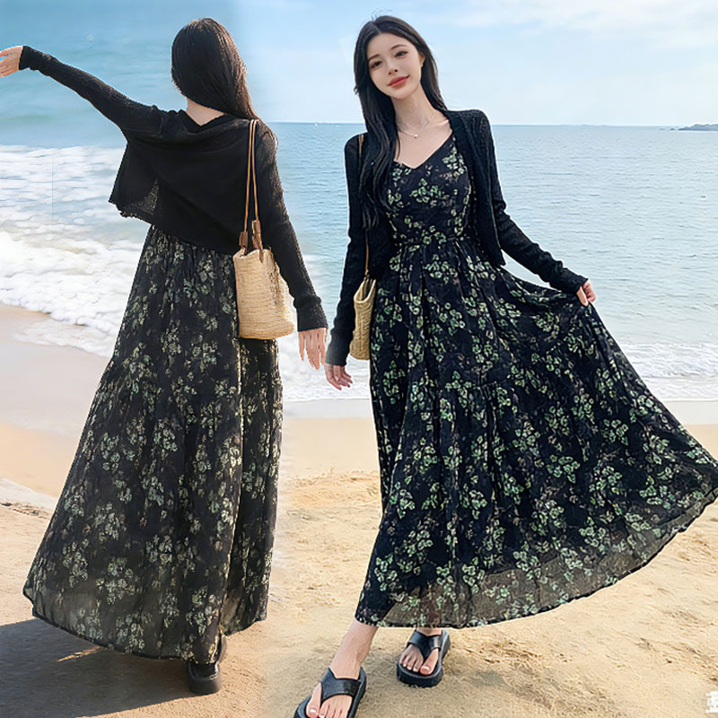 Plus Size Women's Spring and Summer Loose Slimming French-Style Sun Protection Cardigan Floral Chiffon Long Beach Dress