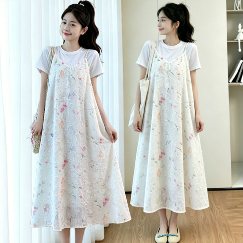 Plus-Size Women's Clothing for Fat Girls, Loose-Fitting, Slimming, French-Style Mid-Length Dress with Fake Two-Piece Design, Jacquard Embroidery, and Patchwork