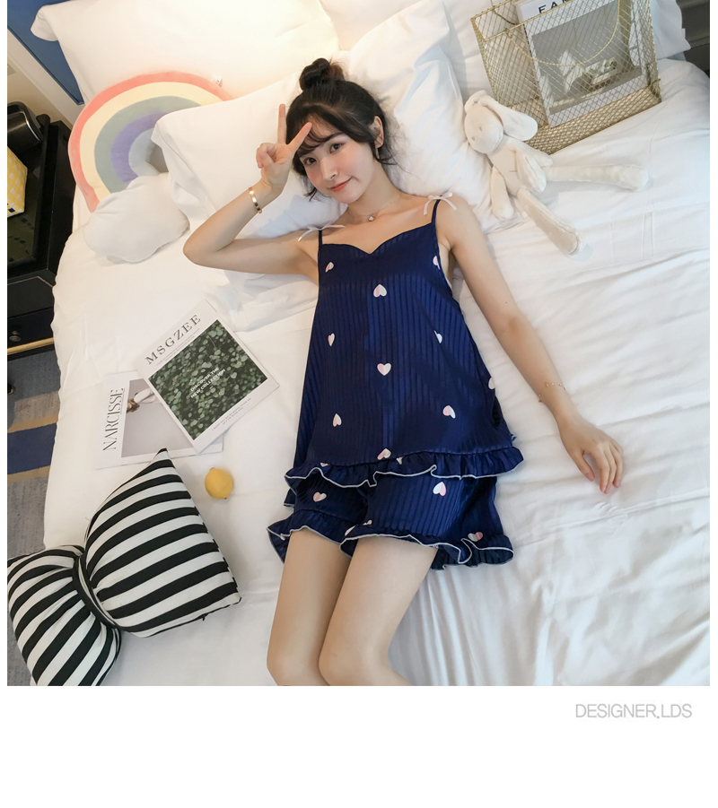 Bộ đồ ngủ mùa hè lụa lụa nữ tính sling bộ đồ hai mảnh ngọt ngào dễ thương ngắn tay công chúa lụa phục vụ nhà mỏng - Bên ngoài ăn mặc bộ khủng long