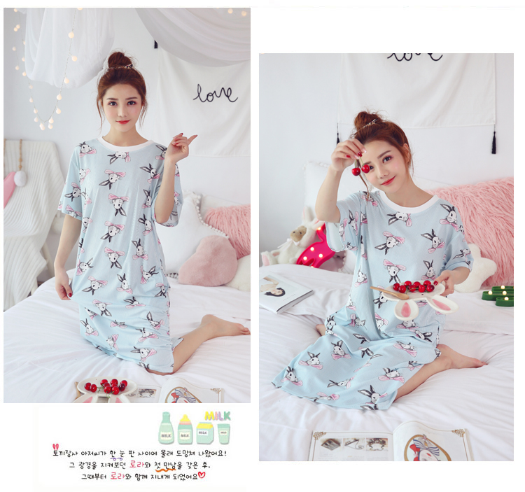 Mùa hè phiên bản Hàn Quốc của váy ngủ nữ cotton ngắn tay ngọt ngào đồ ngủ tươi dài lỏng lẻo XL băng lụa dịch vụ tại nhà áo ngủ đẹp