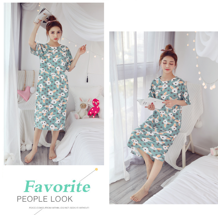 Mùa hè phiên bản Hàn Quốc của váy ngủ nữ cotton ngắn tay ngọt ngào đồ ngủ tươi dài lỏng lẻo XL băng lụa dịch vụ tại nhà áo ngủ đẹp