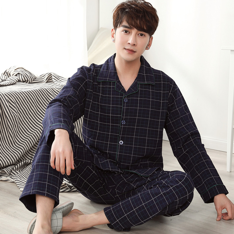 Mens đồ ngủ mùa xuân và mùa thu mens trung niên bộ đồ ngủ cotton bố tăng mã quần áo nhà cotton mùa hè mỏng.