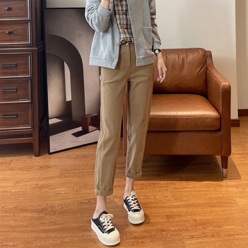 Pear-shaped body pants topline contrast color design three-dimensional slimming high waist harem jeans women's nine-point tapered pants