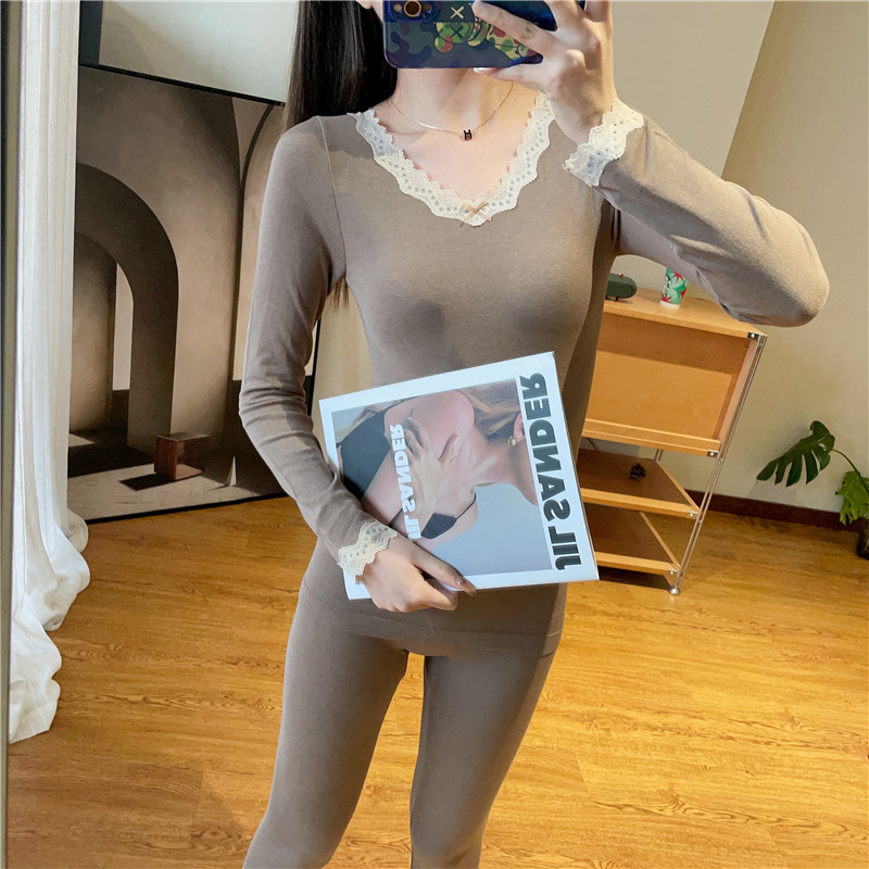 WTHEONE Warm Heat Storage High elastic lace V-collar warm suit comfortable and delicate autumn pants blouse