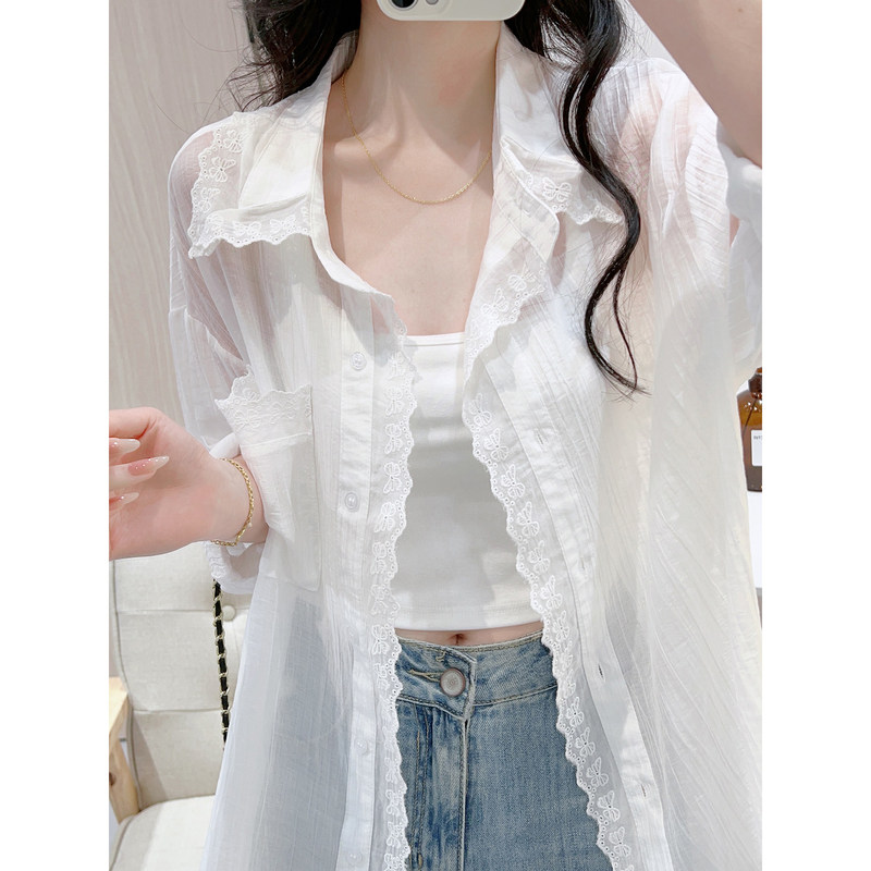 White Lace Patchwork Long-Sleeve Sun Protection Shirt Jacket for Women, Summer Loose-Fitting Niche Mid-Length Slightly Sheer Thin Top White Lace Patchwork Long-Sleeve Sun Protection Shirt Jacket for Women, Summer Loose-Fitting Niche Mid-Length Slightly Sheer Thin Top