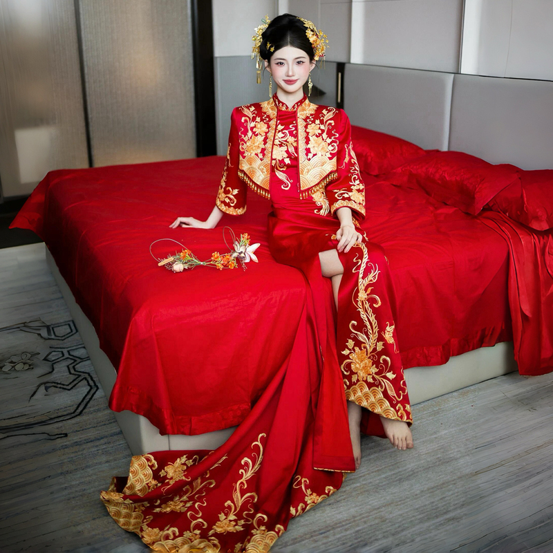 High-End Toast Dress, New Engagement Dress, Luxurious Cheongsam, Wedding Bride Dress, Slimming Dragon and Phoenix Gown, Red Wedding Dress