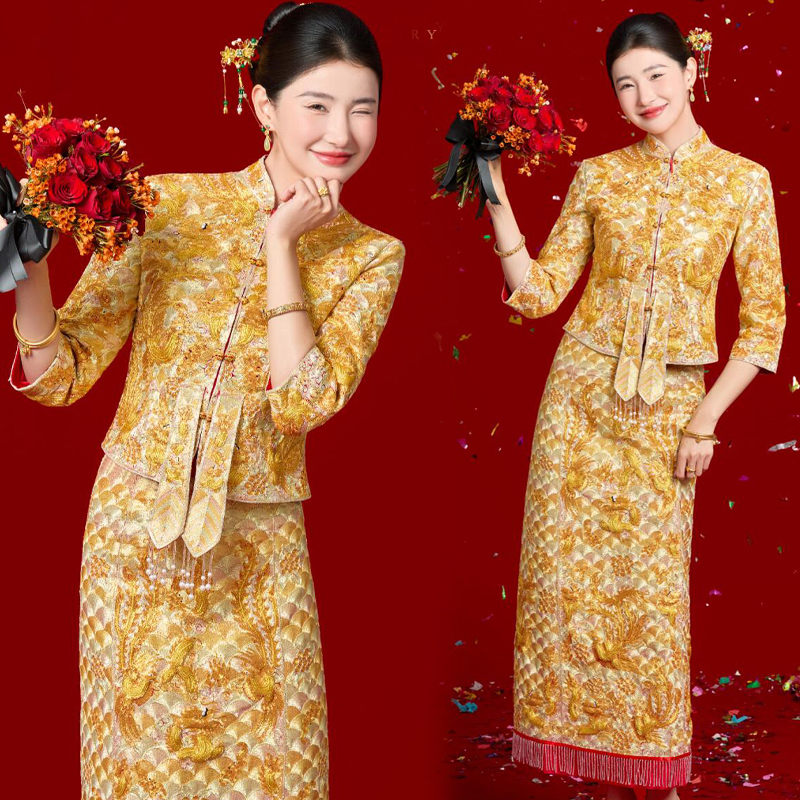 High-End Dragon and Phoenix Gown 2026 New Model Toast Dress Slim-Fit Xiuhe Dress Golden Bridal Gown Wedding Dress Royal Gown High-End Dragon and Phoenix Gown 2026 New Model Toast Dress Slim-Fit Xiuhe Dress Golden Bridal Gown Wedding Dress Royal Gown
