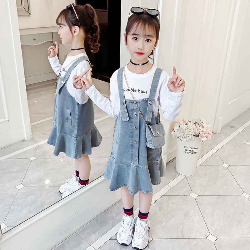 Girls cowboy baby bag skirt spring dress Korean version of the middle child Net red suspender skirt light color children long sleeve dress fashion fashion