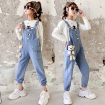 Girls denim straps pants set Net red in the big childrens suspenders childrens clothing Spring and Autumn long sleeve trousers to send Bear