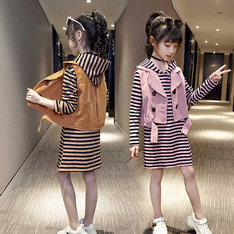 Girl Long Sleeve Foreign Dress Suit Autumn Children's Net Red Dress CUHK Child Light Core Suede Horse Chia Two Sets Spring Clothing