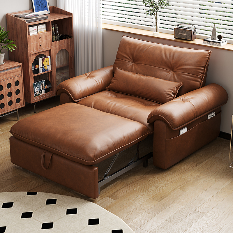 Vintage Oil Wax Leather Sofa Bed, Foldable and Dual-Purpose, Suitable for Small Apartments, Retractable, Mid-Century Style, Pull-Out Bed for Living Room, 2026 New Model