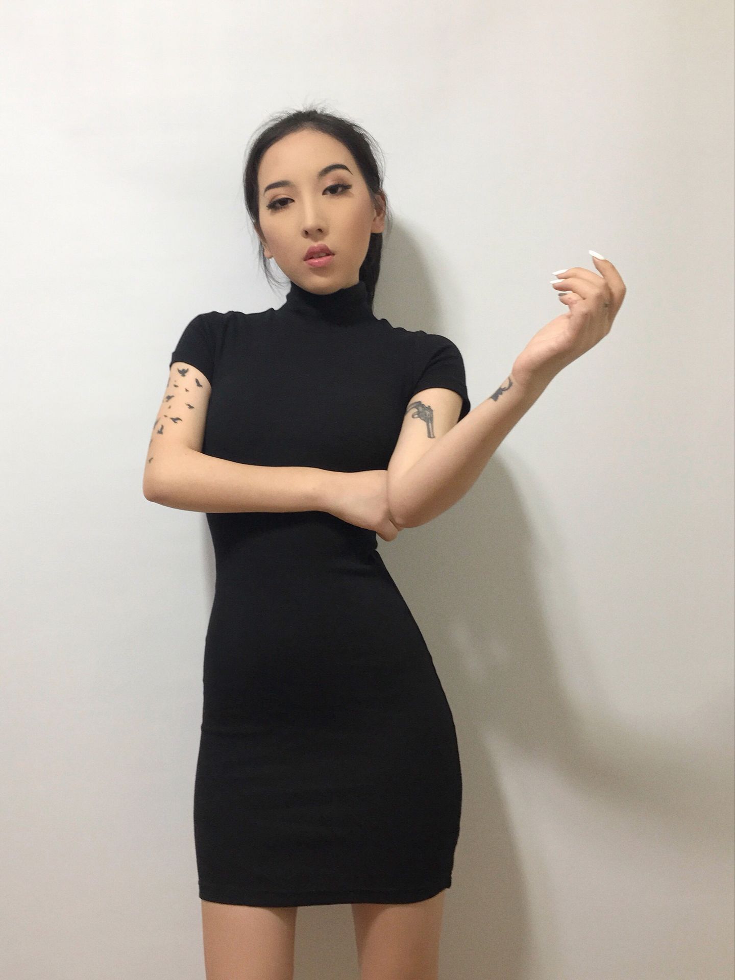 [] Châu Âu và Hoa Kỳ retro BM đứng cổ áo cao cổ áo chặt chẽ đan váy ngắn tay yếm váy