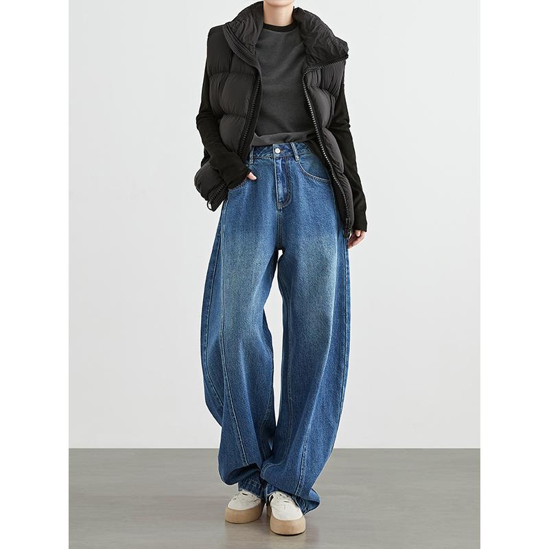 White in Blue Scythe Jeans, Relaxed High-Waisted Extended Banana Pants for Women, Spring and Autumn Loose Scimitar Wide-Leg Pants