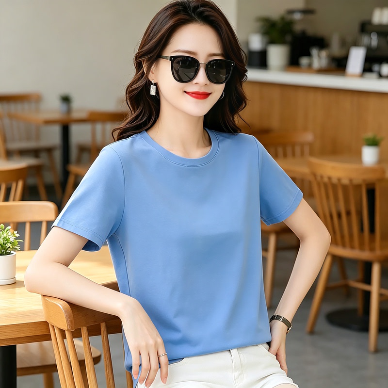 Light Blue Pure Cotton T-Shirt for Women, Short-Sleeved, Loose, Casual, Simple, Round Neck, Regular Shoulder, Solid Color T-Shirt, Summer Top Light Blue Pure Cotton T-Shirt for Women, Short-Sleeved, Loose, Casual, Simple, Round Neck, Regular Shoulder, Solid Color T-Shirt, Summer Top