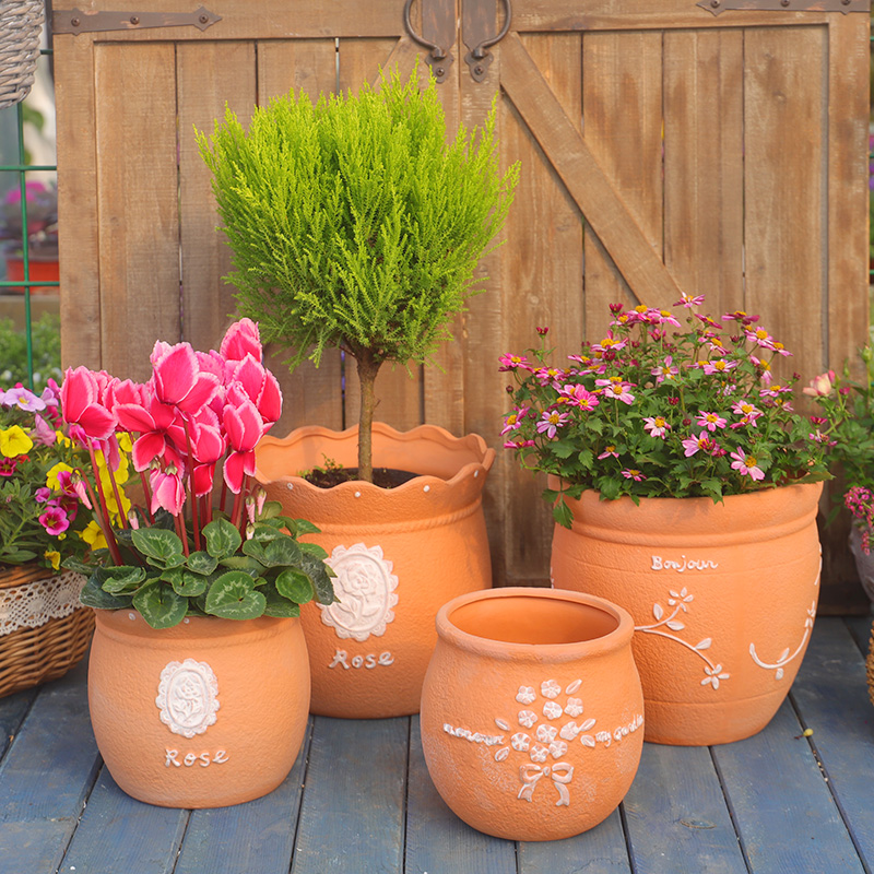 Red pottery bouquet round belly pot rose patch flower branch set two pots large flower pot relief pastoral style good ventilation