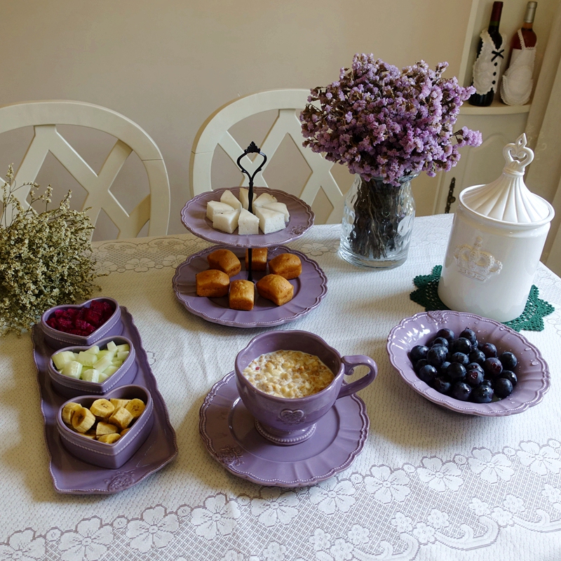 Purple Tea Set with Embossed Ceramic, High-Temperature Exquisite Export-Grade Afternoon Tea Three-Piece Set, Oatmeal Cup, Double-Layer Dessert Plate, Rice Bowl