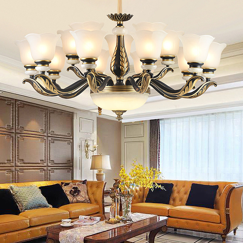 北欧现代简约全铜吊灯LED黑色美式乡村客厅别墅高档大气玉石铜灯