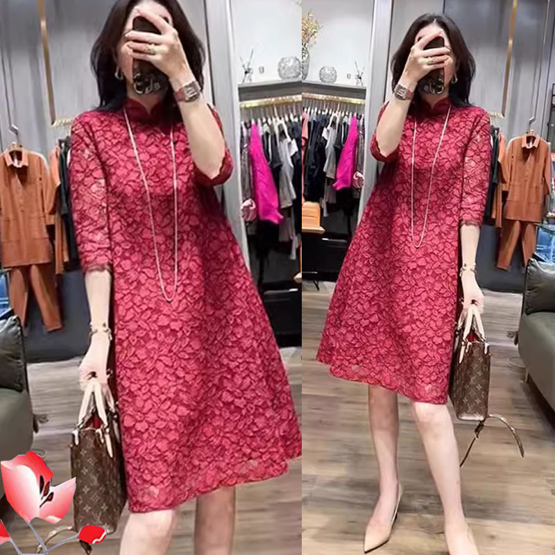 Plus-Size Women's Spring and Summer Chinese-Style Cheongsam Dress, Tummy-Concealing, Slimming, Elegant, Chanel-Style, Fashionable Lace Dress for Chubby Women