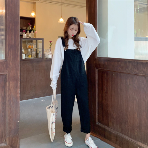 Korean loose denim belt pants women 2020 new size high waist slim black wide leg Jumpsuit