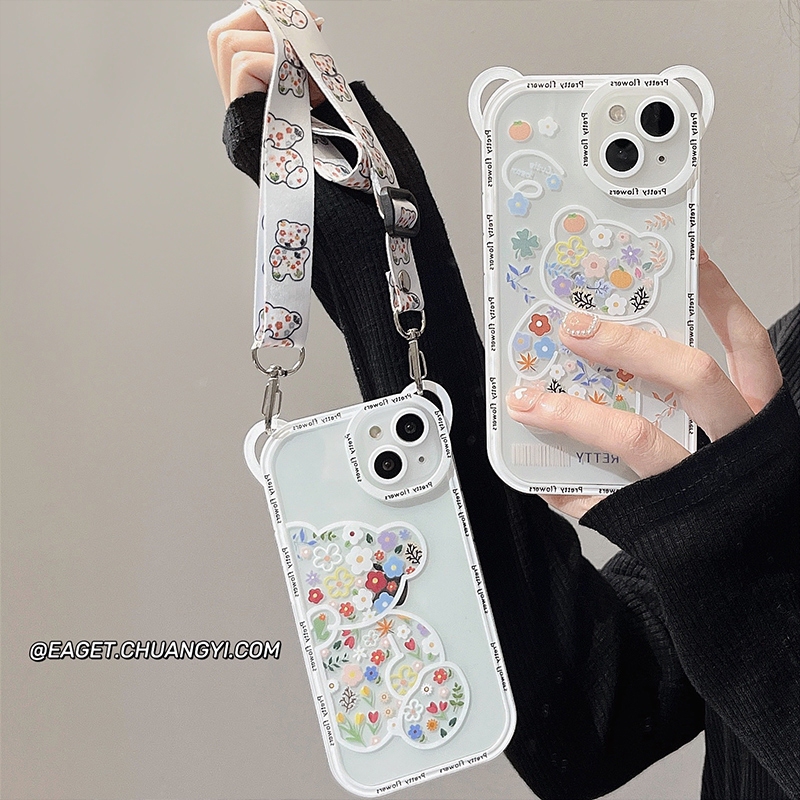 Suitable for iPhone 17 Pro Max Protective Case, Apple 16 Floral Sitting Bear Design, 15 with Lanyard, 14 for Women, 13 Crossbody