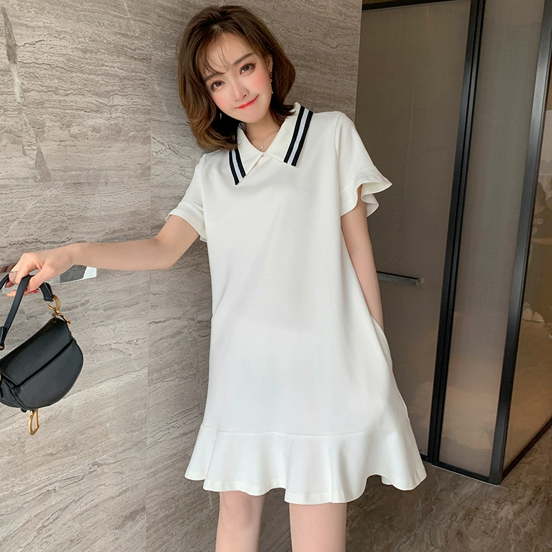 MIUCO màu tương phản cổ áo polo ngắn tay xù lông T-shirt lão hóa đầm 2020 xuân mới k - Váy eo cao