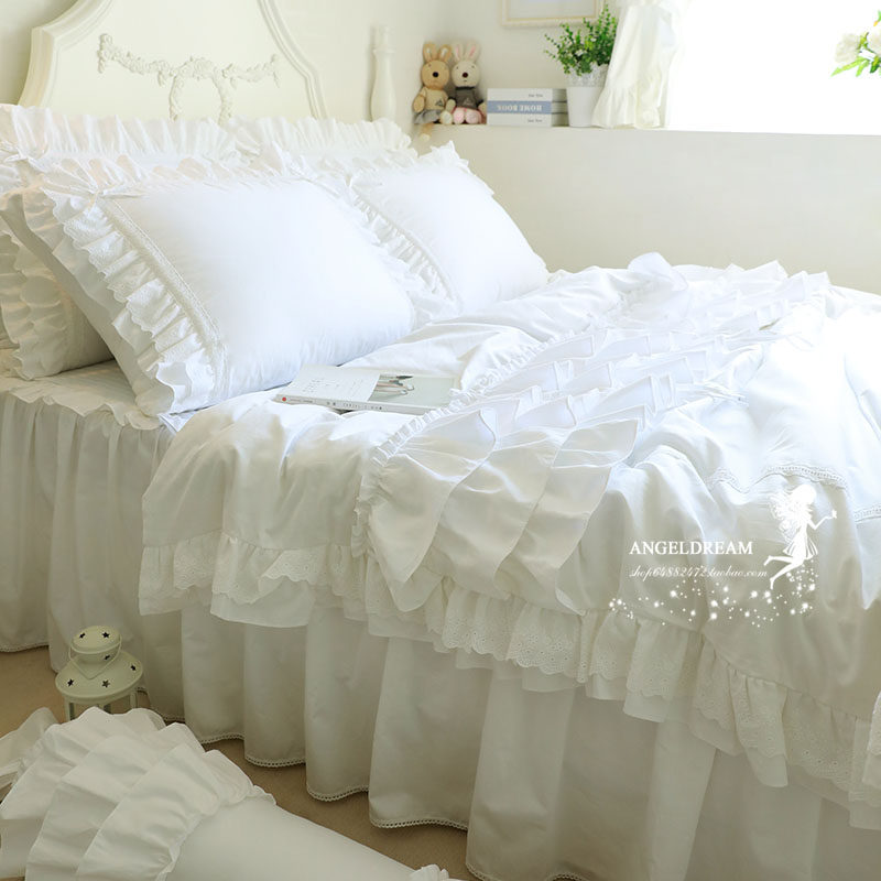 Imported European and American Korean pure white multi-layer ruffled bow lace lace princess wedding four sets of bedding