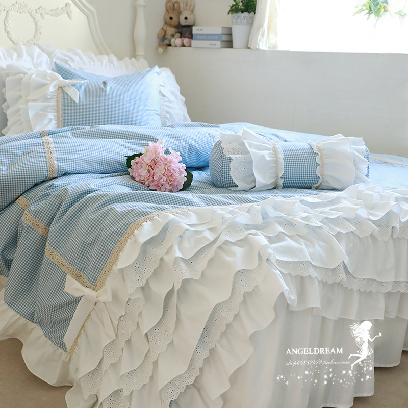 Ehen/EU-US Korean version of the Korean version of the princess cake The all-cotton pure plaid bed with supplies pure cotton four pieces 