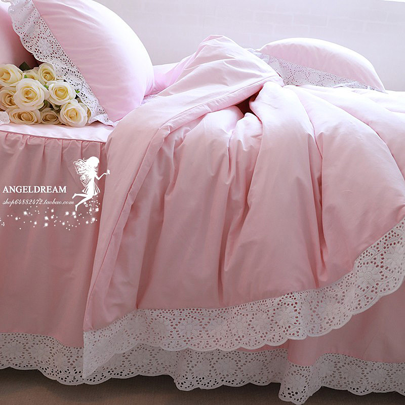 Imported European and American Korean sunflower hollow Princess lace pure color pink cotton bedding bed dress four-piece set
