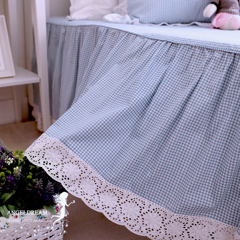 Imported European and American Korean style sun flower princess gray blue plaid cotton bed cover solid color bed pure cotton bed skirt new style
