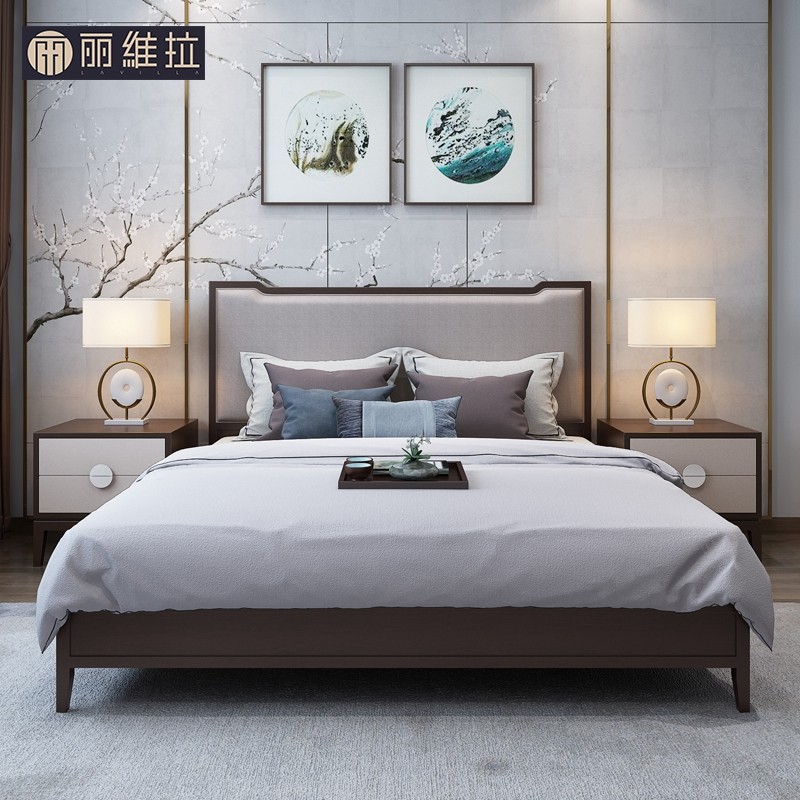 New Chinese Bed Modern Minimalist Light Lavish Solid Wood Bedroom Bed High Case Storage Double Bed Wedding Head Air Pressure Custom Furniture