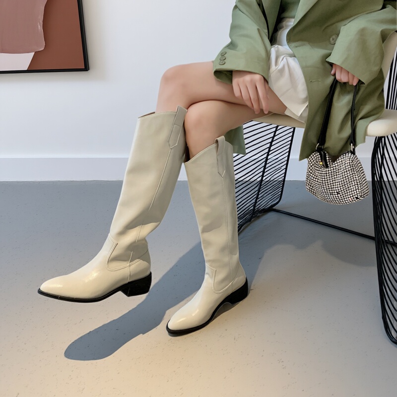 Genuine Leather Wide-Cut V-Mouth Western Cowboy Boots, Thick-Leg Leather Boots, Mid-Length Riding Boots, Knee-High White Long Boots for Women