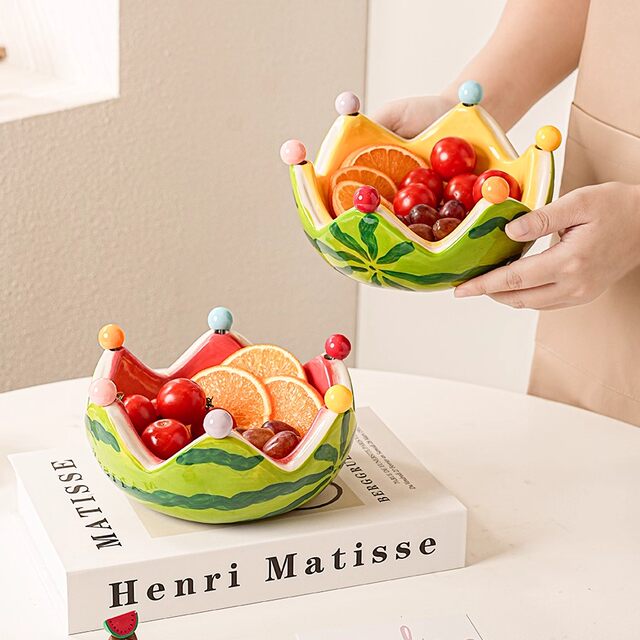 Ceramic creative watermelon fruit plate with fork for home living room fruit salad bowl cute stainless steel fork set
