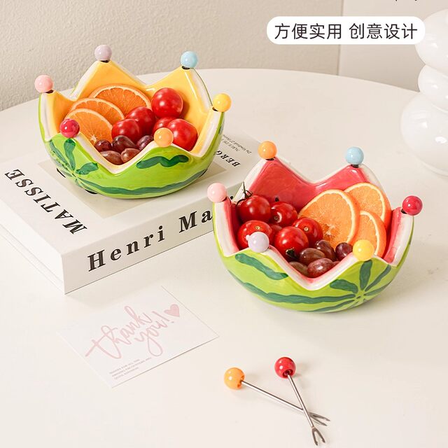 Ceramic creative watermelon fruit plate with fork for home living room fruit salad bowl cute stainless steel fork set