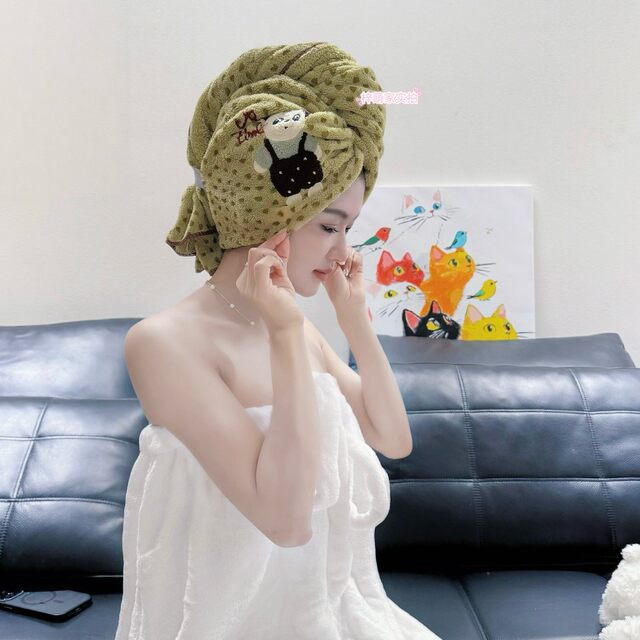 French hair drying cap with cartoon embroidery, enlarged wide tail strap, quick-drying and water-absorbent (new process filament compacted fabric)