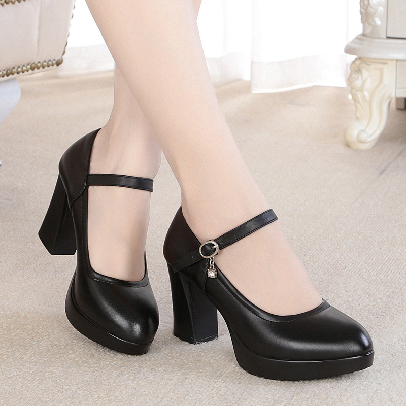 One-Strap Soft Leather Runway High Heels for Women, Comfortable Genuine Leather Black Single Shoes, Chunky Heel Women's Soft-Soled Leather Shoes