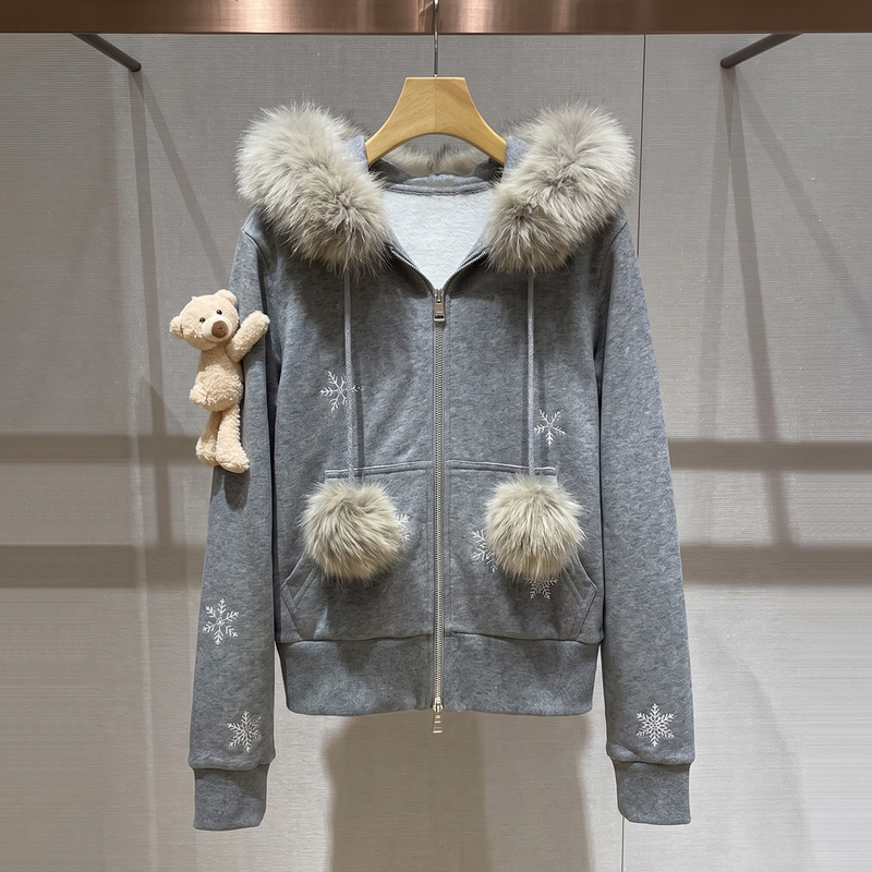 Shenzhen Nanyou High-End Women's Clothing 2026 Autumn New Full-Print Gradient Snowflake Detachable Fur Collar Hooded Sweatshirt Jacket