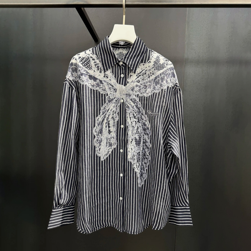 Shenzhen Nanyou High-End Women's Clothing 2026 Autumn New Style Navy Collar Lace Printed Striped Long Sleeve Shirt Top for Women Shenzhen Nanyou High-End Women's Clothing 2026 Autumn New Style Navy Collar Lace Printed Striped Long Sleeve Shirt Top for Women