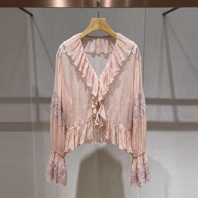 Shenzhen Nanyou High-End Women's Clothing 2026 Autumn New French-Style Light Pink Lace Embroidered Ruffle Collarless Blouse for Women Shenzhen Nanyou High-End Women's Clothing 2026 Autumn New French-Style Light Pink Lace Embroidered Ruffle Collarless Blouse for Women