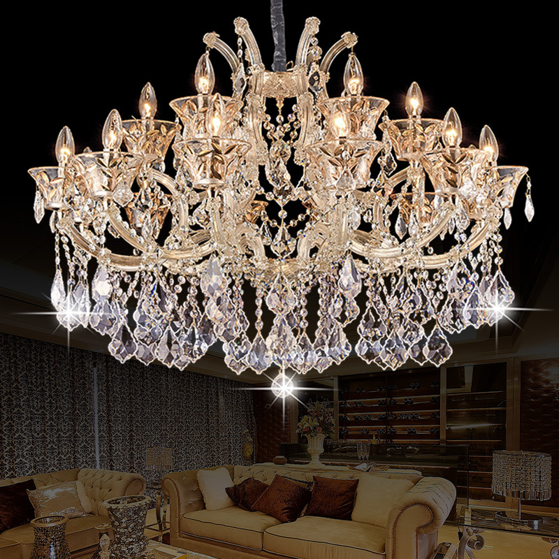 New European-Style Living Room Luxurious Gold Clip-On Crystal Chandelier for Villa Duplex, Elegant and Simple Gold-Painted Home Pendant Light