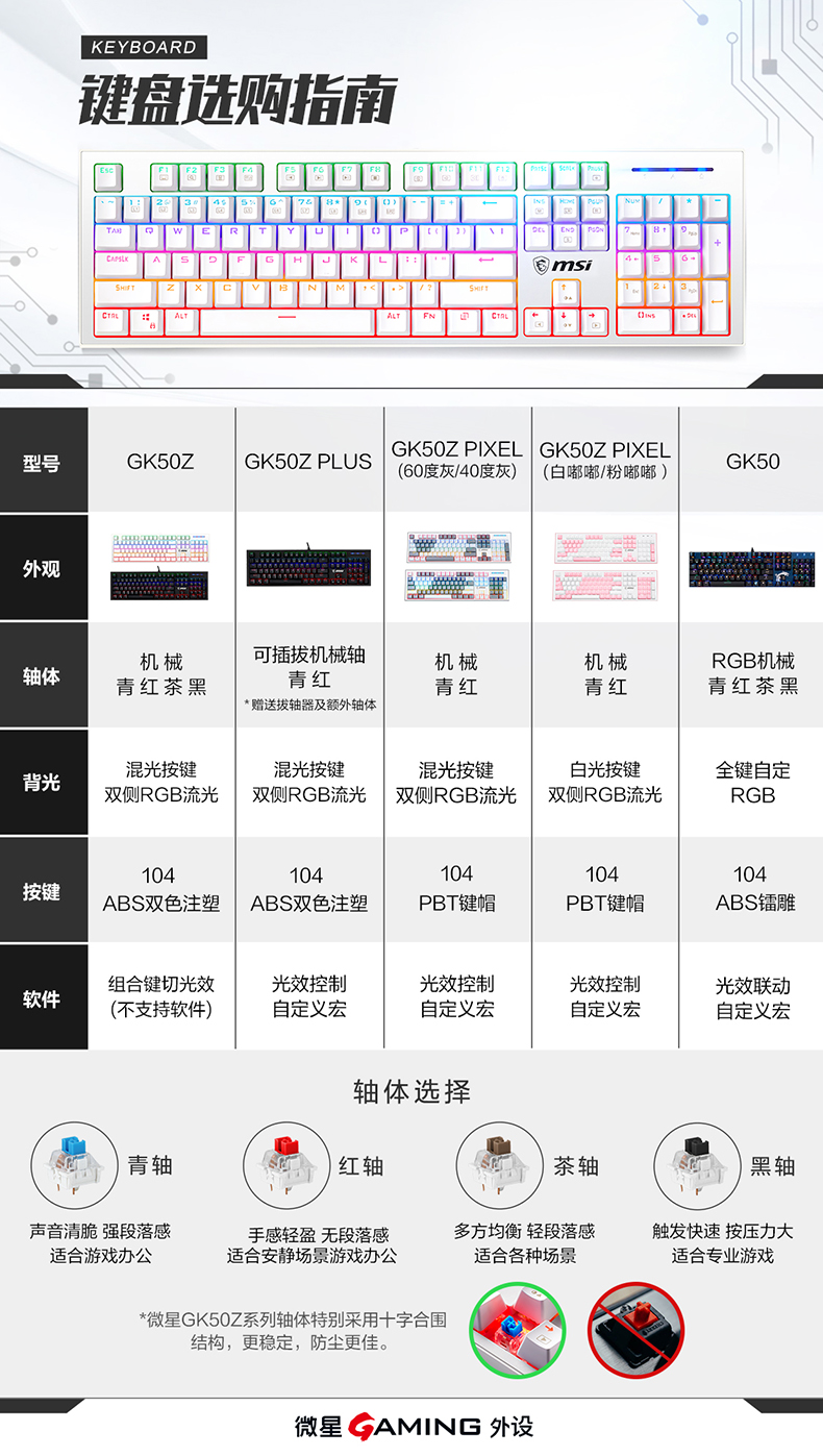 高特轴体，RGB灯效，全键无冲防泼溅：微星 机械键盘 104键 GK50Z 118元包邮 买手党-买手聚集的地方