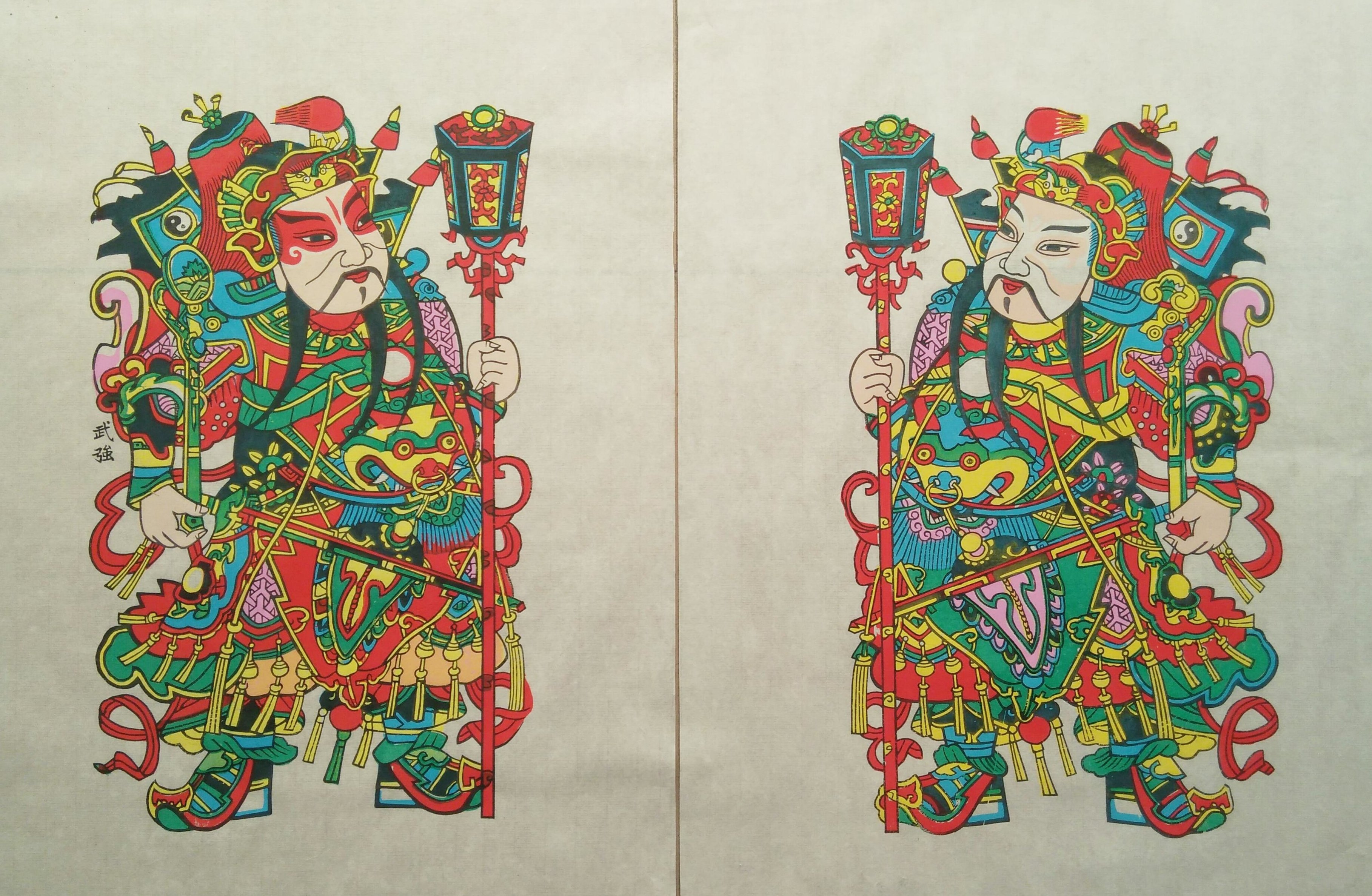 Martial Arts Year Painting Traditional Handmade Woodblock Year Painting Door God < Big Poke Hammer Door God > A pair of Lunar New Year Supplies Decoration