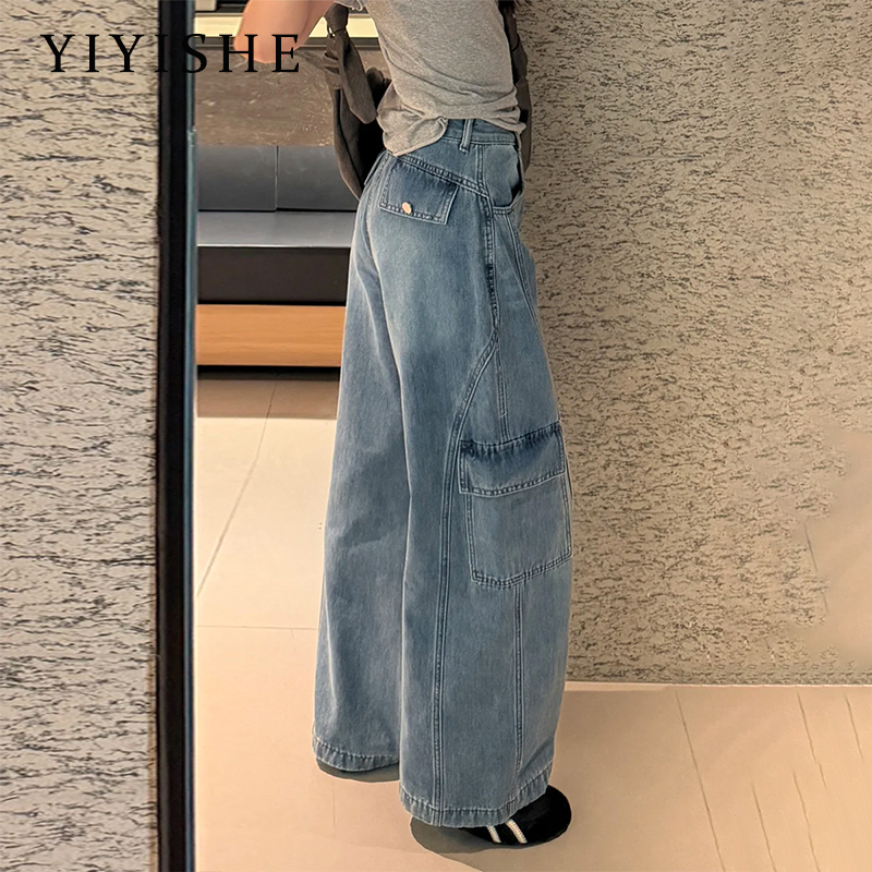 Light Blue American Retro Workwear Wide-Leg Jeans for Women 2026 Summer New High-Waisted Loose Multi-Pocket Straight Pants