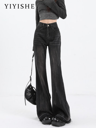 黑灰色微喇牛仔裤女2024新款秋冬高腰显瘦设计感加绒喇叭马蹄裤子