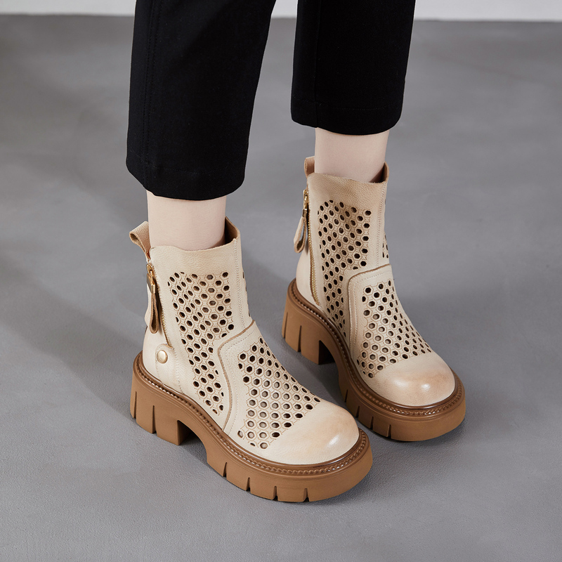 Spring and Summer Genuine Leather Hollow-Out Martin Short Boots for Women, Thick-Soled Height-Increasing Clogs, Fashionable Chunky Heel Cowhide Soft-Soled Sandals for Women