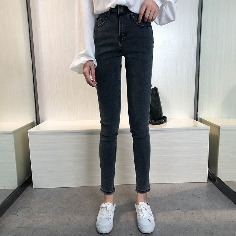 2021 autumn thin black stretch small feet pencil jeans women's high waist thin section smoke gray nine-point pants