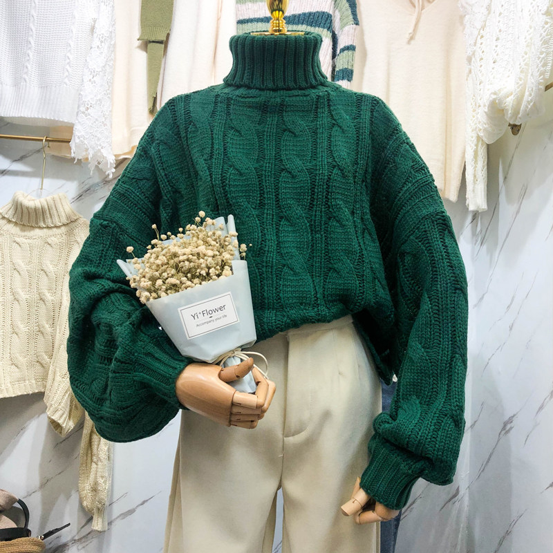 2021 autumn and winter turtleneck pullover lazy wind loose outer wear thickened retro twist thick line sweater sweater women