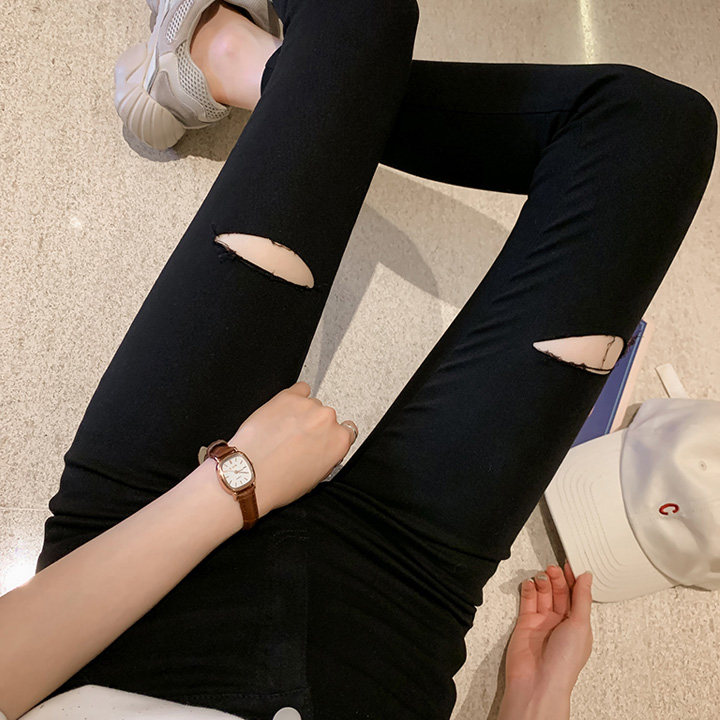 South Korea 2022 Spring and Autumn Broken Hole in Pants Women Casual High Waist Elastic Thin slim fit small feet Fashion pencil pants tide