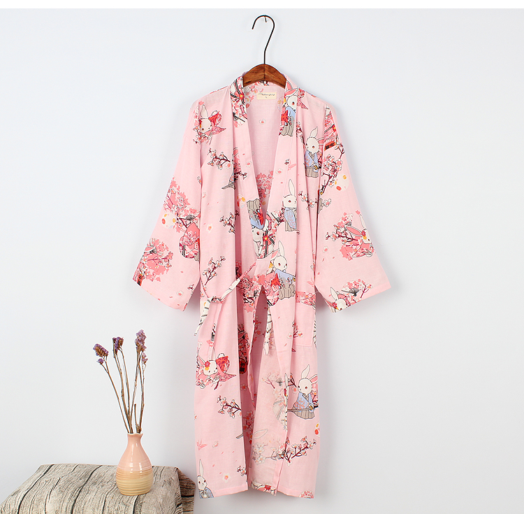 Áo ngủ cotton Nhật Bản Mùa hè mỏng phần cotton dài yukata Nhật kim phục vụ tại nhà nữ đồ ngủ hoạt hình - Đêm đầm váy lanh mặc nhà