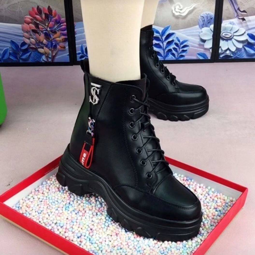 Leather inner heightening Martin boots women's 2022 new autumn breathable single boots thick bottom side zipper all-match small short boots