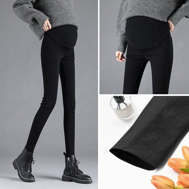 Pregnant Woman Pants Spring Fall Outside Wearing Plus Suede Thickened Inner Lap Pants Autumn Winter Denim Black Small Feet Long Pants Autumn Winter Clothing